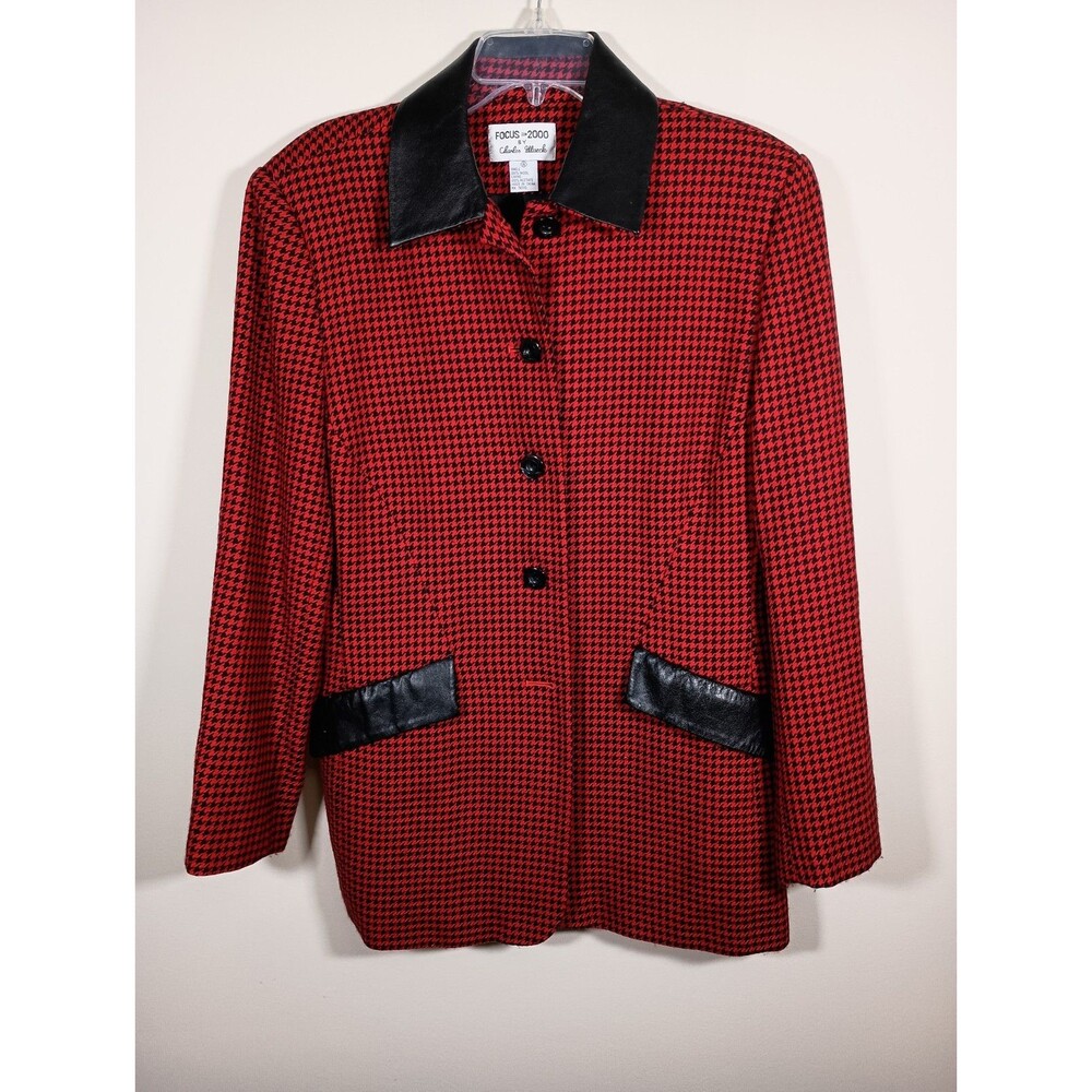Vintage Wool Houndstooth Red Black Womens Focus 2000 Charles Glueck Coat Size 16